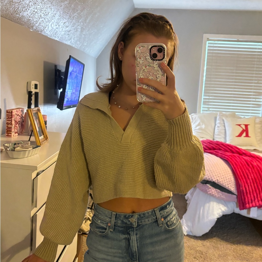 Beige Cropped Knit Sweater